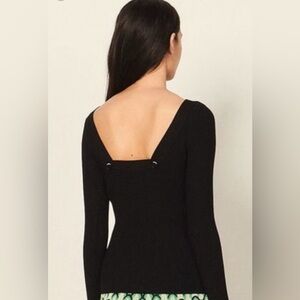 Sandro Paris Bare Back Ribbed Silk Sweater – Square Neck Open Back Top Black
